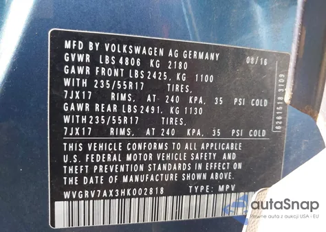 2017 Volkswagen Tiguan Wolfsburg Edition from USA, damaged, VIN WVGRV7AX3HK002818